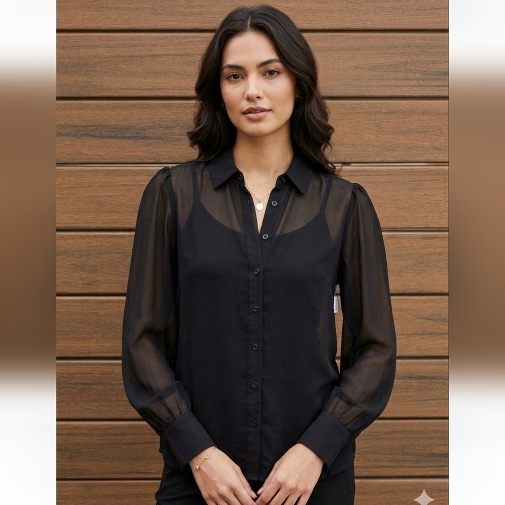 Joe Fresh Women's Semi Sheer Black Blouse With Built In Tank - Size Small NWT